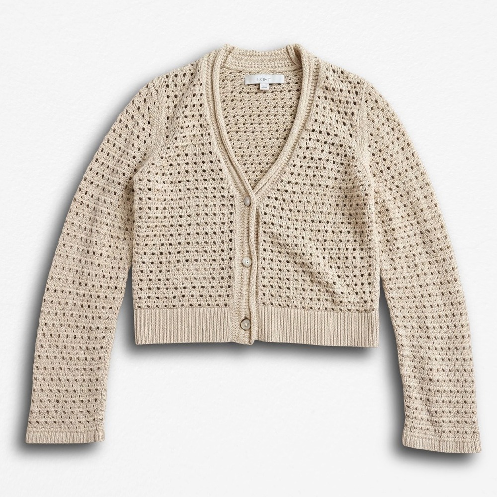 Loft Women Small Beige Open Knit Button Front Cardigan Cropped Sweater Pointelle